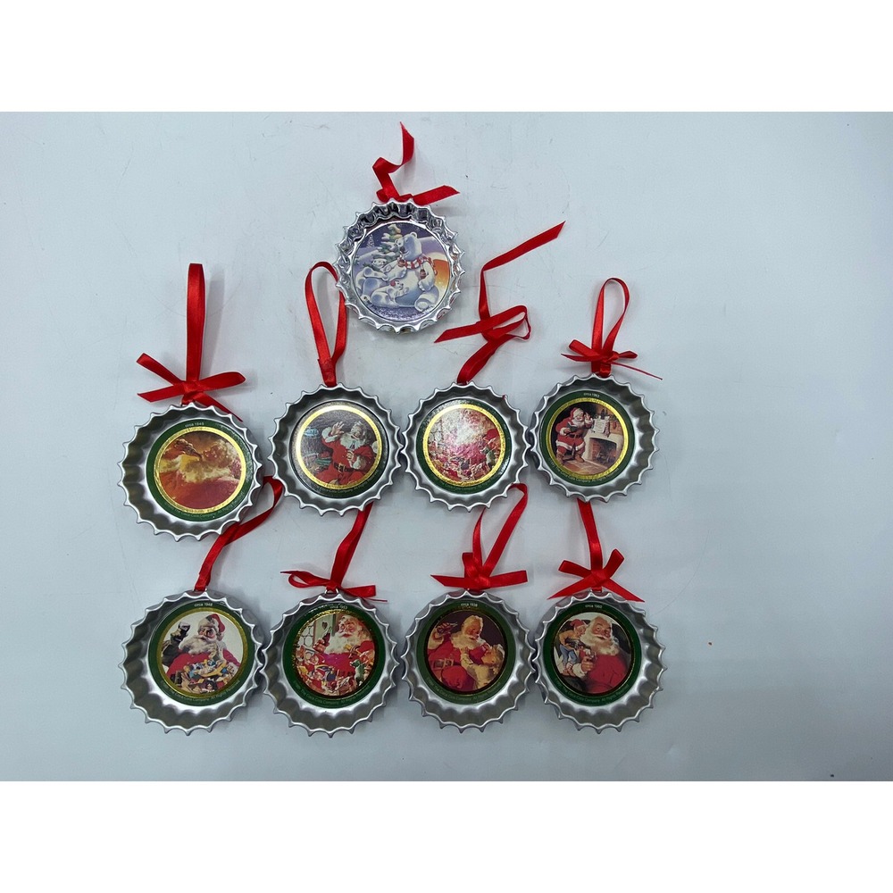Vtg 9 Coca Cola Christmas Santa Ornaments Trim A Tree Collection Coke Bottle Cap